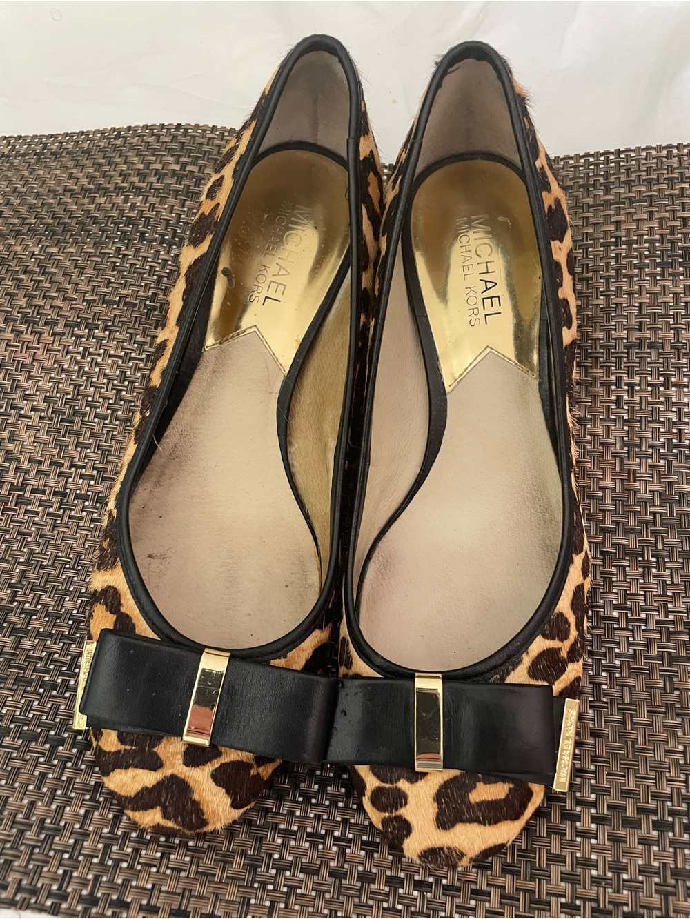 Michael Kors Leopard-Print Ballet Flats with Black Bow and Gold Accents